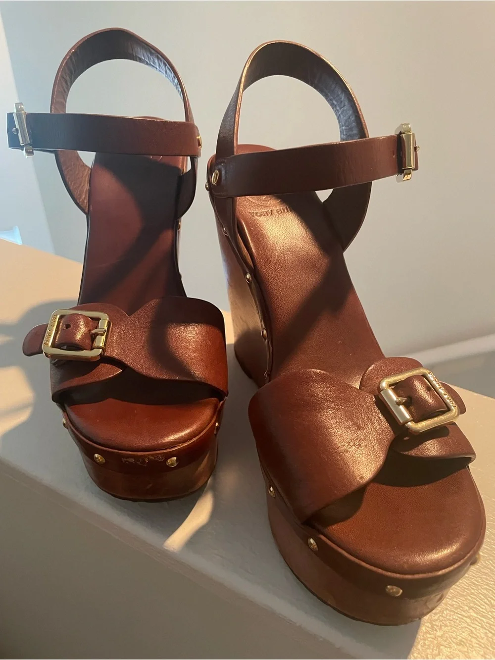 Tory Burch Brown Leather Wedge Sandals with Buckle